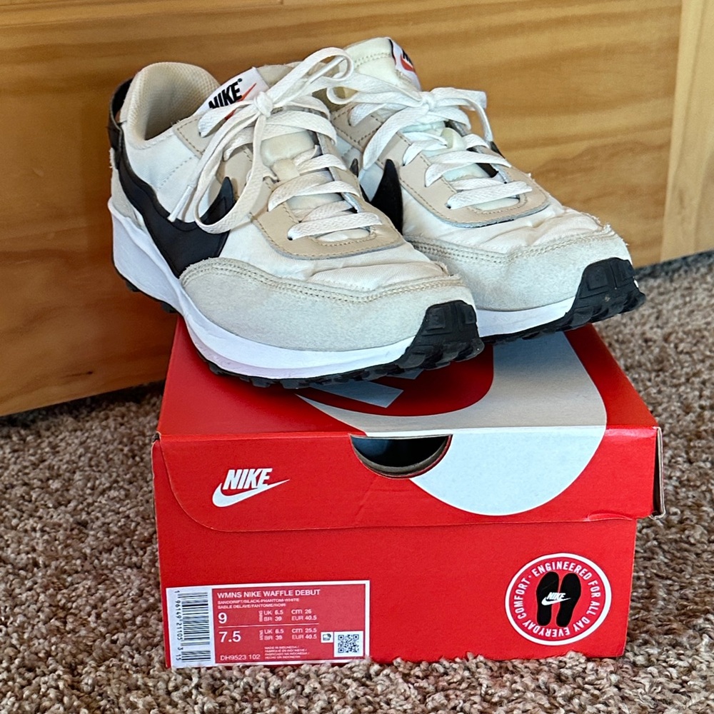 Nike Waffle Debut Shoes in Cream and Black